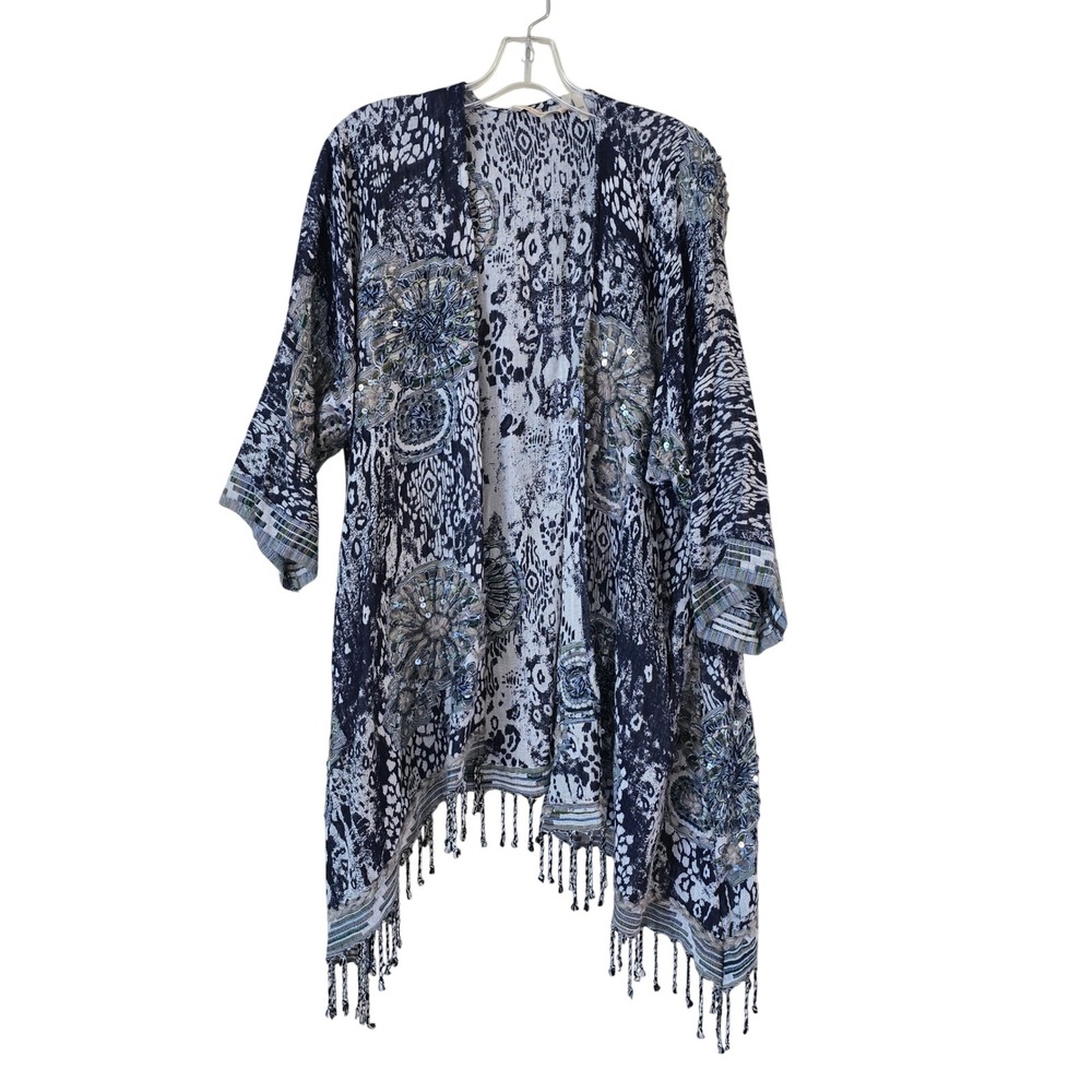 Soft Surroundings Navy Ikat Sequin Embellished Fringe Kimono Cardigan‎ S/M